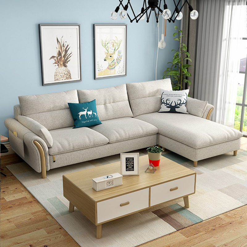 Sofá de tela nórdico para sala de estar, para apartamentos pequeños y medianos, muebles de látex, desmontable y lavable, unidad de alquiler de apartamento, madera maciza minimalista.