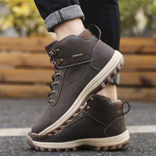 Mens Leather Work Boots Trendy Slip Resistant Casual Shoes Men High Top Men Shoes Martin Boots