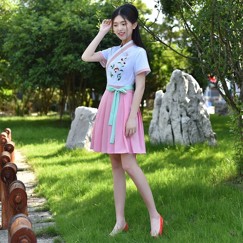 Китайский стиль вышитая короткая юбка с короткими рукавами платье улучшено