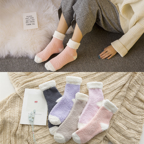 Autumn and winter new style flanged candy color love small fresh coral velvet towel home floor women's socks thickened