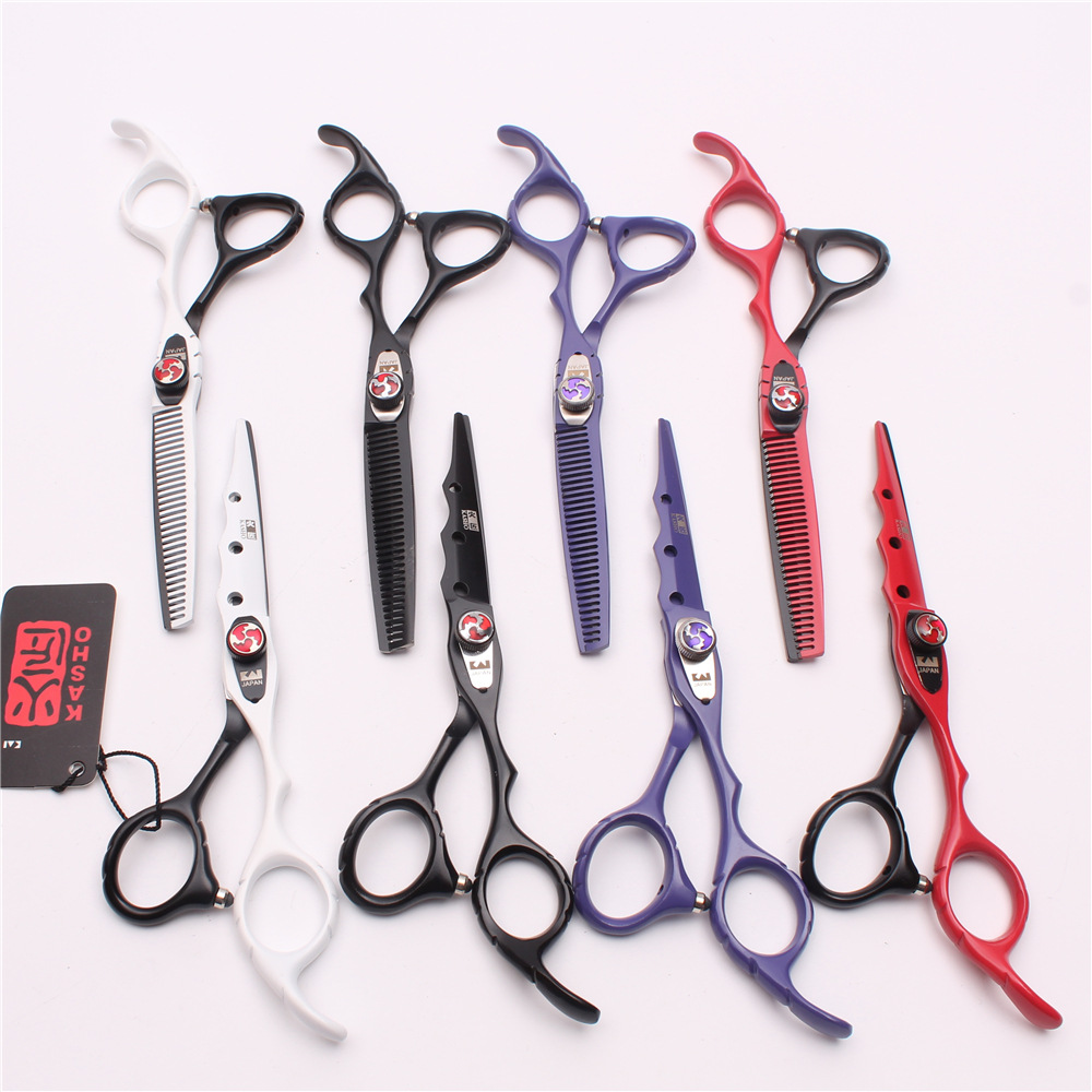 Tijeras de peluquería FIRESMITH 6.0”, corte recto y de entresacar, acabado en negro, rojo, blanco y morado
