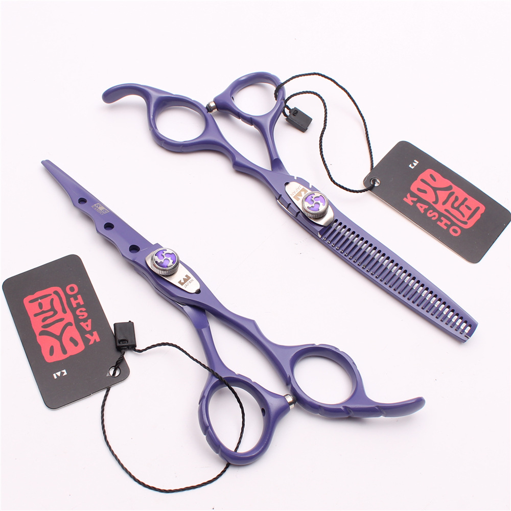 Tijeras de peluquería FIRESMITH 6.0”, corte recto y de entresacar, acabado en negro, rojo, blanco y morado