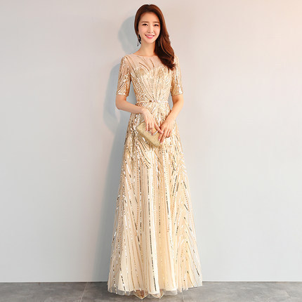 Golden Evening Dress 2025 New Banquet Graduation Annual Party Dress Women's Long Party Dinner Host Dress