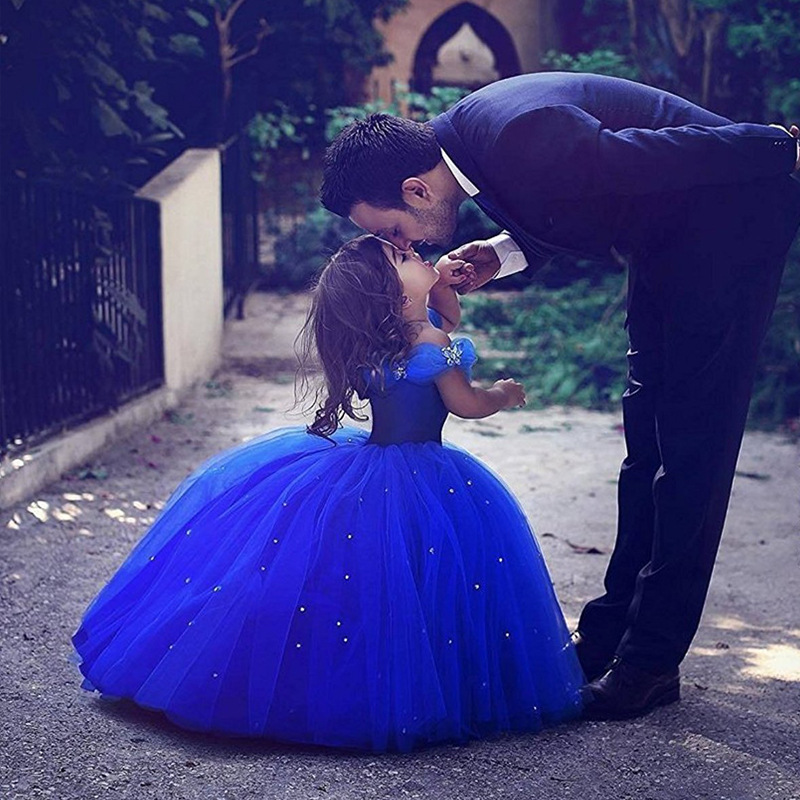 Ropa infantil transfronteriza, vestidos formales para niñas, vestidos de niña de las flores para bodas, vestidos de princesa Cenicienta de un solo hombro para niñas, vestidos largos de tul abullonados estilo anfitriona.