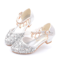 Korean version of children's shoes, new girls' high heels, sequined spring and autumn middle and large children's princess shoes, student performance shoes, Baotou sandals