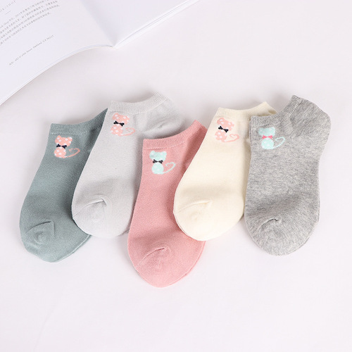 New Spring and Summer Japanese Cartoon Bow Tie Kitten Cotton Women's Boat Socks Women's Sweat-Absorbent Short Socks Wholesale