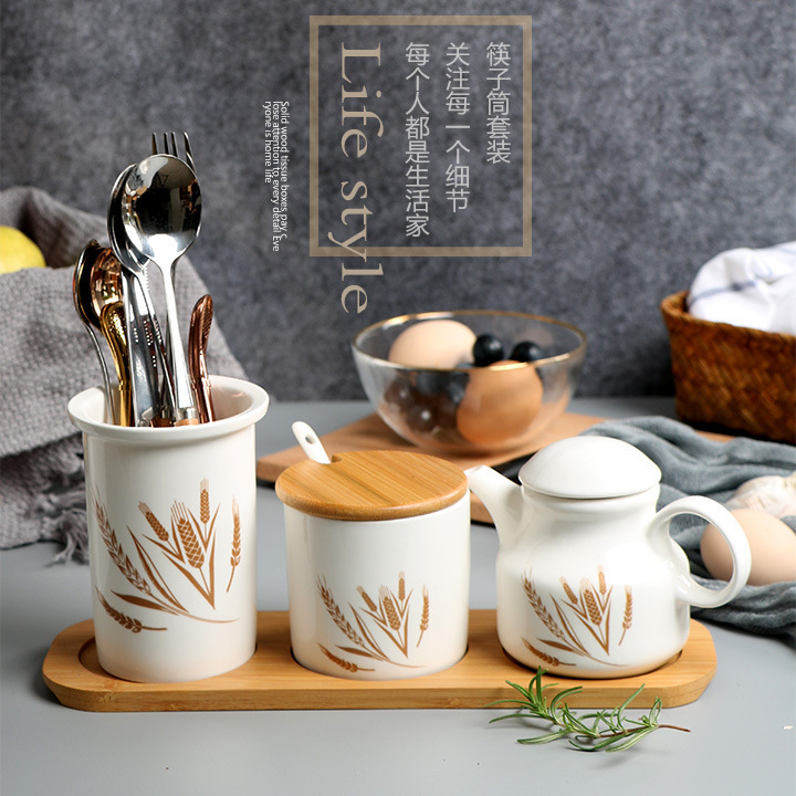 Ceramic chili salt pitcher chili pitcher sesame oil pot vinegar pot 300 ml chopsticks holder set easy to clean and healthy