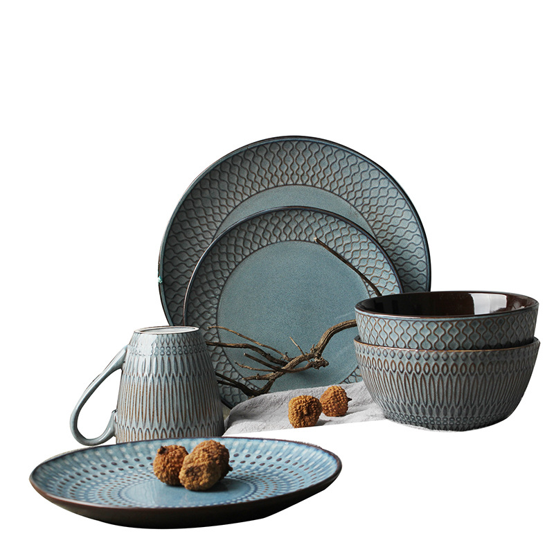 Estilo Europeo grabado vintage disco de cerámica fruta ensalada plato grande tazón de sopa Hotel occidental restaurante mesa de cerámica vajilla