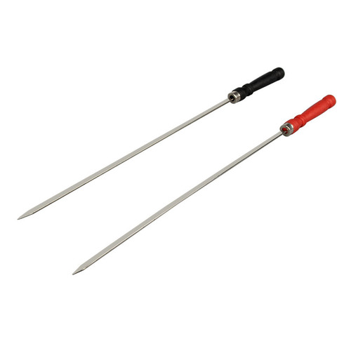 Barbeque skewer with handle, flat skewer, anti-scalding plastic, red handle, black handle, steel drill, widened and thickened roasting needle, outdoor barbecue tool