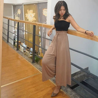 枫之缘春夏新款女装复古简约休闲高腰阔腿裤松紧拉腰显瘦宽松九分
