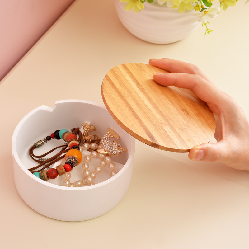 Espejo cosmético redondo simple con tapa caja de almacenamiento base de resina con tapa de bambú collar cosmético caja de espejo cosmético de escritorio