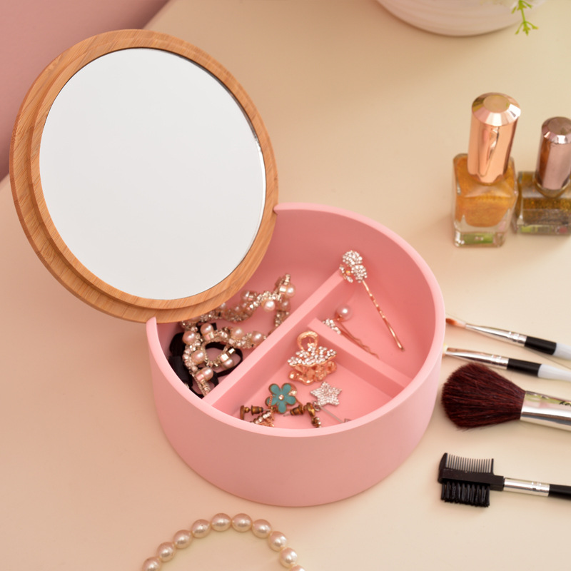 Espejo cosmético redondo simple con tapa caja de almacenamiento base de resina con tapa de bambú collar cosmético caja de espejo cosmético de escritorio