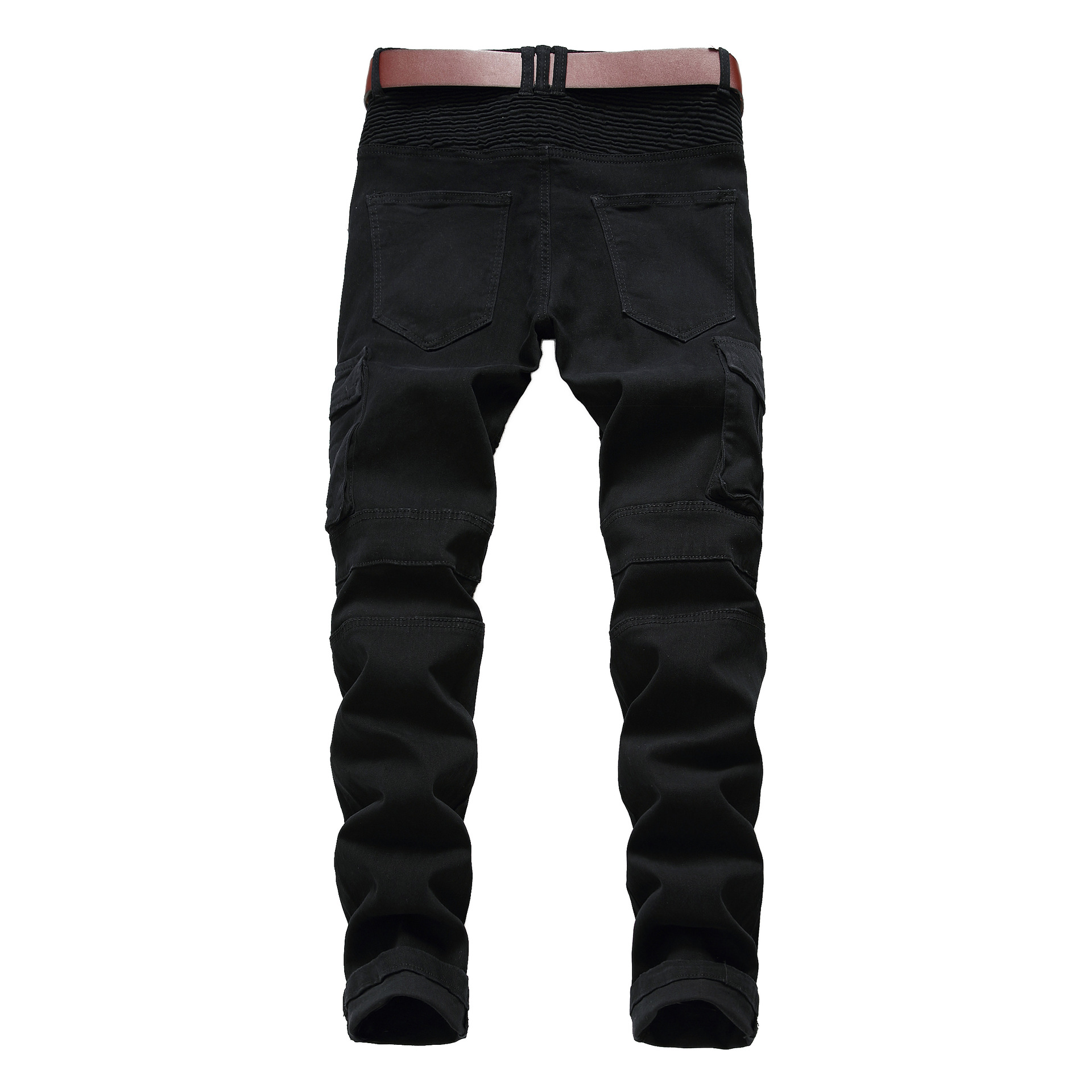 Men's Clothing men's motorcycle denim casual black trousers zipper decoration men's elastic pants_voghion.com