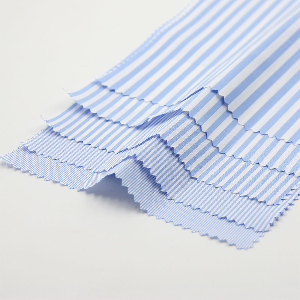 现货供应 40*50 浅蓝色竖条纹色织布  商务男士衬衫面料供应