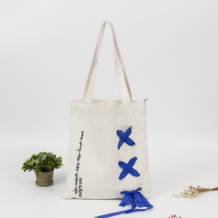 时尚丝带穿孔手提帆布袋定 做创意帆布拉链袋定 制购物棉布袋子