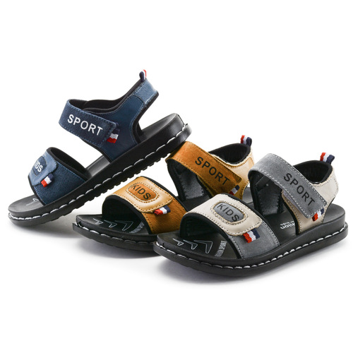 Boys Sandals 2024 Summer New Korean Style Velcro Children's Shoes Fashion Casual Cowhide Boys Beach Shoes