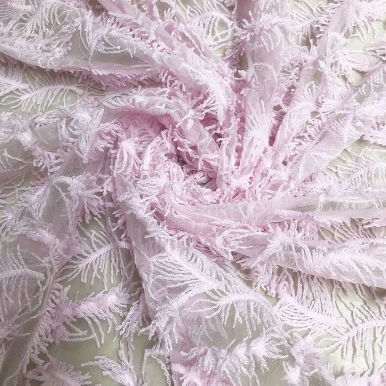 浅粉红色羽毛亮片蕾丝布料礼服闪亮羽毛绣花布料花边辅料服装布料