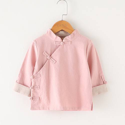 Chinese-style children's clothing: Boys' cotton-linen tops in solid colors with diagonal lapels; Girls' Republic of China-era school uniforms; Baby Tang suits