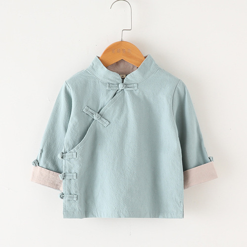 Chinese-style children's clothing: Boys' cotton-linen tops in solid colors with diagonal lapels; Girls' Republic of China-era school uniforms; Baby Tang suits