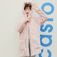 2025冬装新款皮草外套女中长款韩版兔耳休闲连帽毛绒保暖大衣加厚