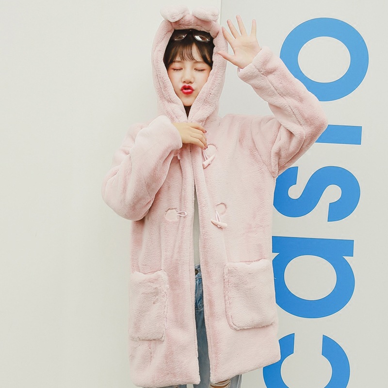 2025冬装新款皮草外套女中长款韩版兔耳休闲连帽毛绒保暖大衣加厚