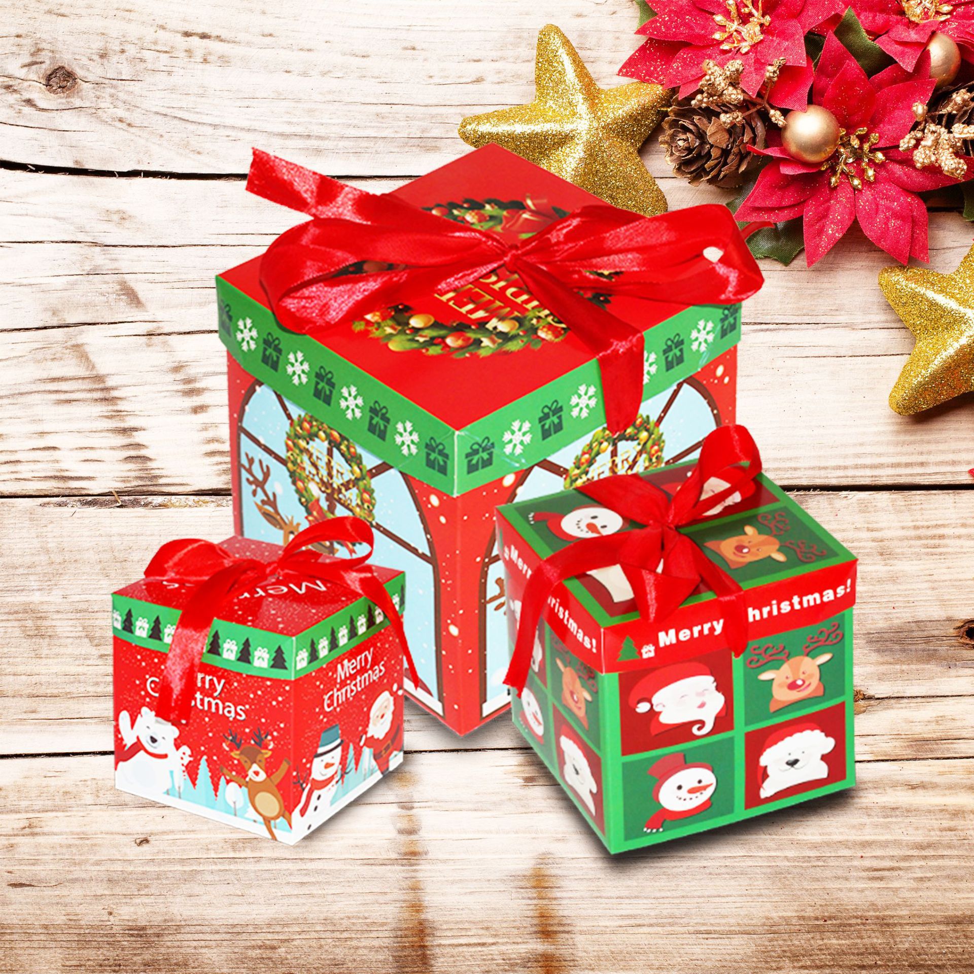Nuevo juego de tres cajas de regalo navideñas, adornos navideños, accesorios para decoración de escenas de centros comerciales