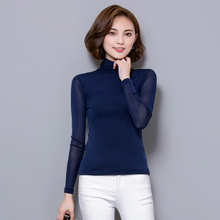 2022 Autumn and Winter New Korean Style Slim-fit Slimming High Collar Solid Color Mesh Base Shirt Women's Simple Inner Shirt