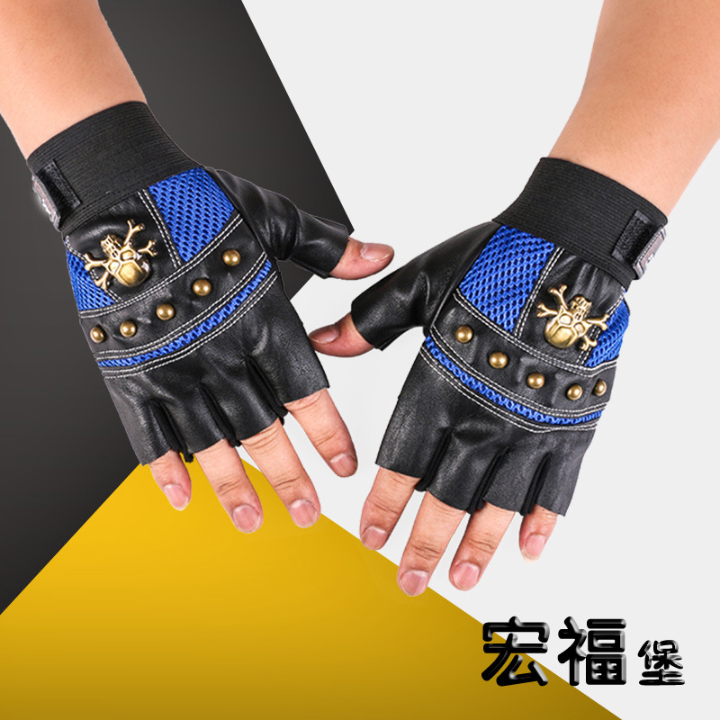 Nuevos hombres y mujeres guantes de medio dedo remache cráneo transpirable pu cuero al aire libre ciclismo deportes fitness dedo guantes de fuga