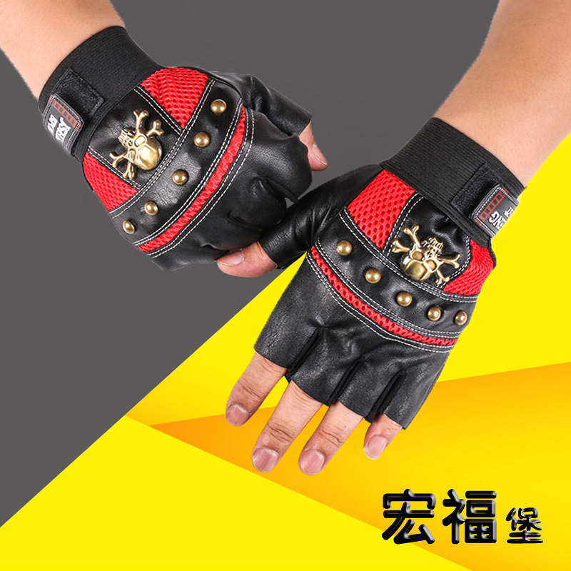 Nuevos hombres y mujeres guantes de medio dedo remache cráneo transpirable pu cuero al aire libre ciclismo deportes fitness dedo guantes de fuga