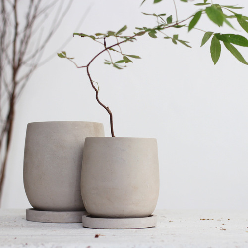 Round cement flower pot with personality, simple and creative succulent plant pot, elegant Zen style, Chinese style with tray