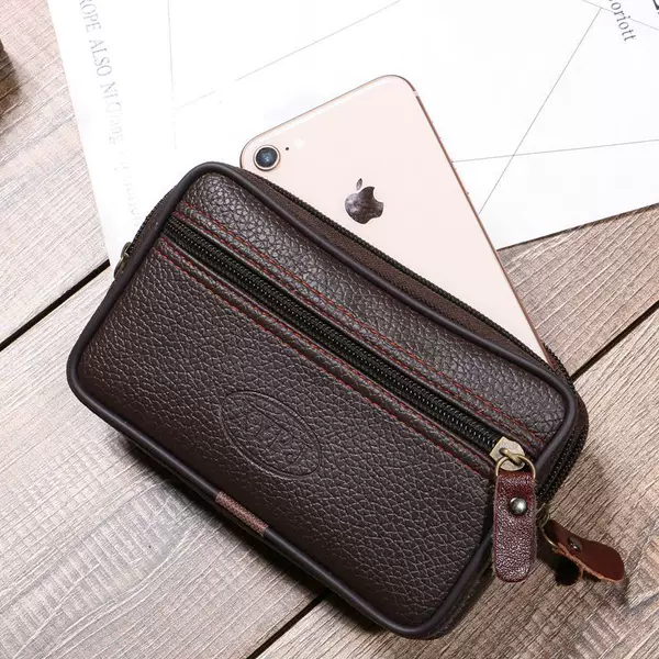 New Men's Horizontal Version Double-Layer Mobile Phone Waist Bag 5.5-6.5inch Litchi Pattern Belt Mobile Phone Bag