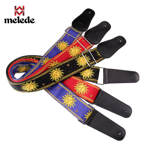 Leather Multi-color Sunflower Embroidered 3D Stitched Wood Guitar Strap | Electric Guitar Strap with Wider Leather Head