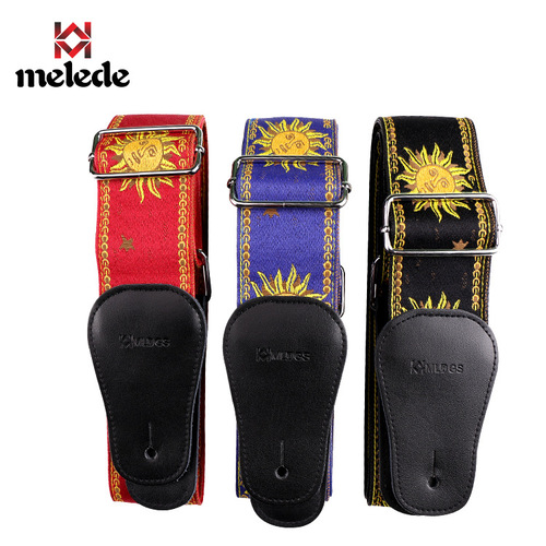 Leather Multi-color Sunflower Embroidered 3D Stitched Wood Guitar Strap | Electric Guitar Strap with Wider Leather Head