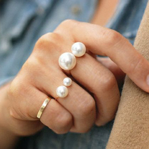 European and American Fashion Street Style Large Pearl Open Joint Ring Adjustable Finger Ring Foreign Trade Promotional Gift
