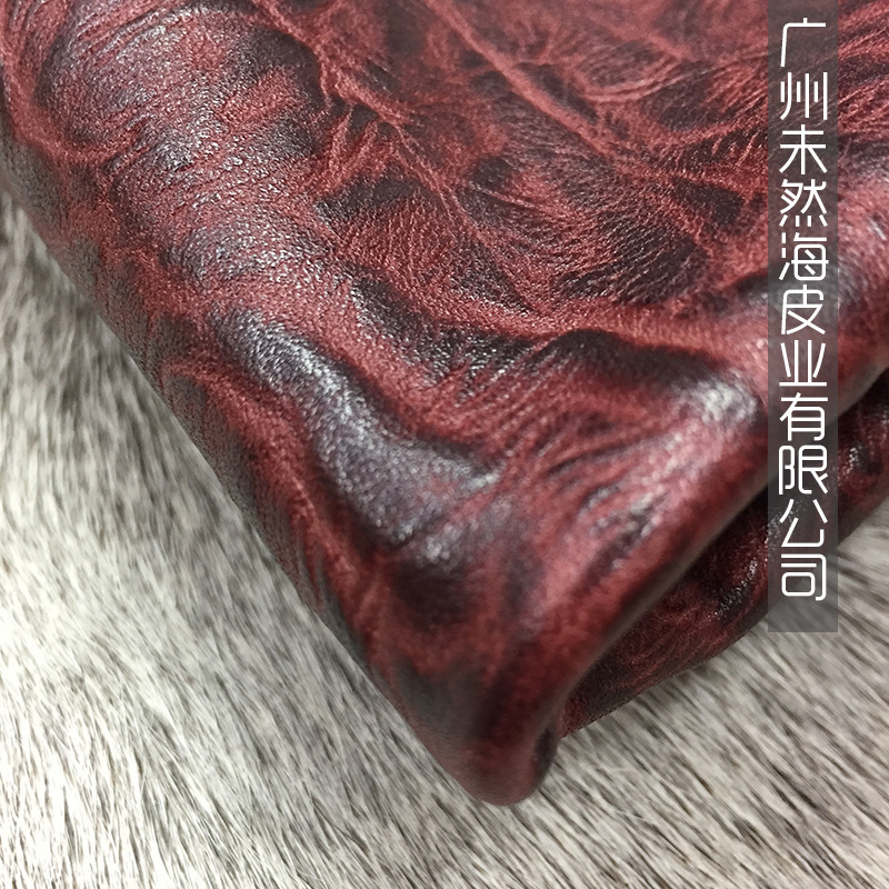 头层全粒面酒红色双色抓花整张牛皮箱包鞋靴用真皮