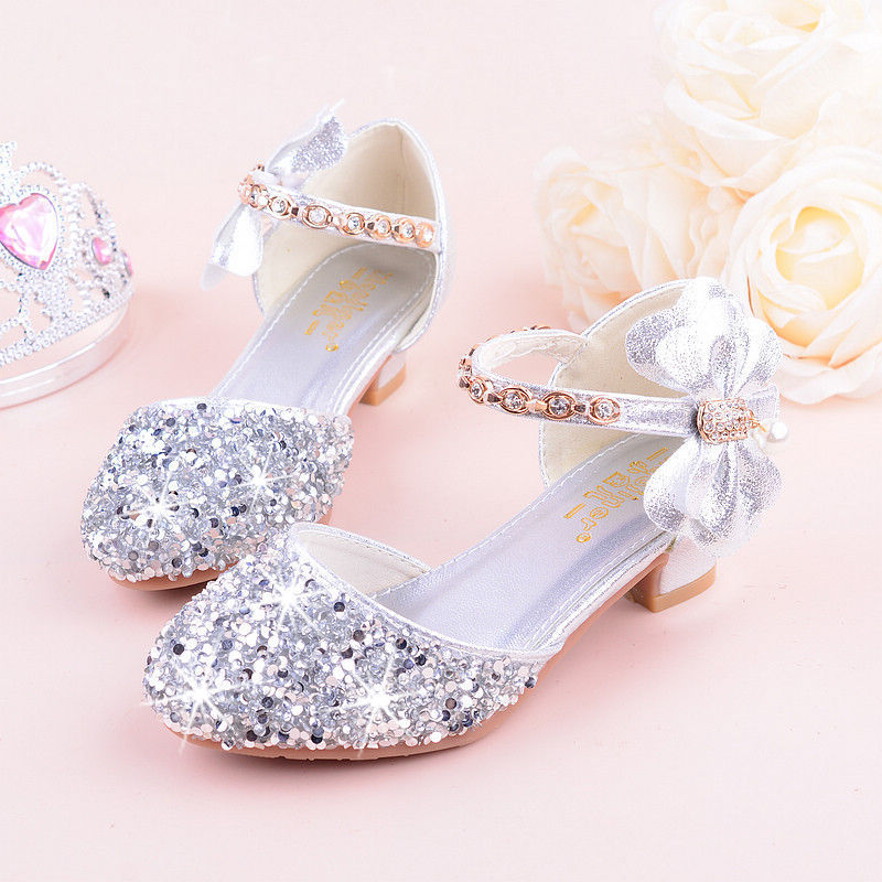 Girls Leather Shoes High Heels 2024 Autum Rhinestone Bow Little Princess Model Performance Crystal Shoes Sequined Silver Girls Leather Shoes High Heels 2024 Autum Rhinestone Bow Little Princess Model Performance Crystal Shoes Sequined Silver