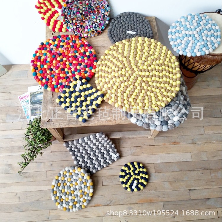 布毯集羊毛毡球杯垫椅垫装饰垫圆毯坐垫厚地垫北欧飘窗垫