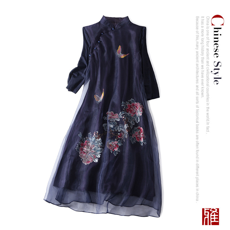 19 Autumn New retro stand collar diagonal buckle butterfly, Peony embroidery long silk organza dress