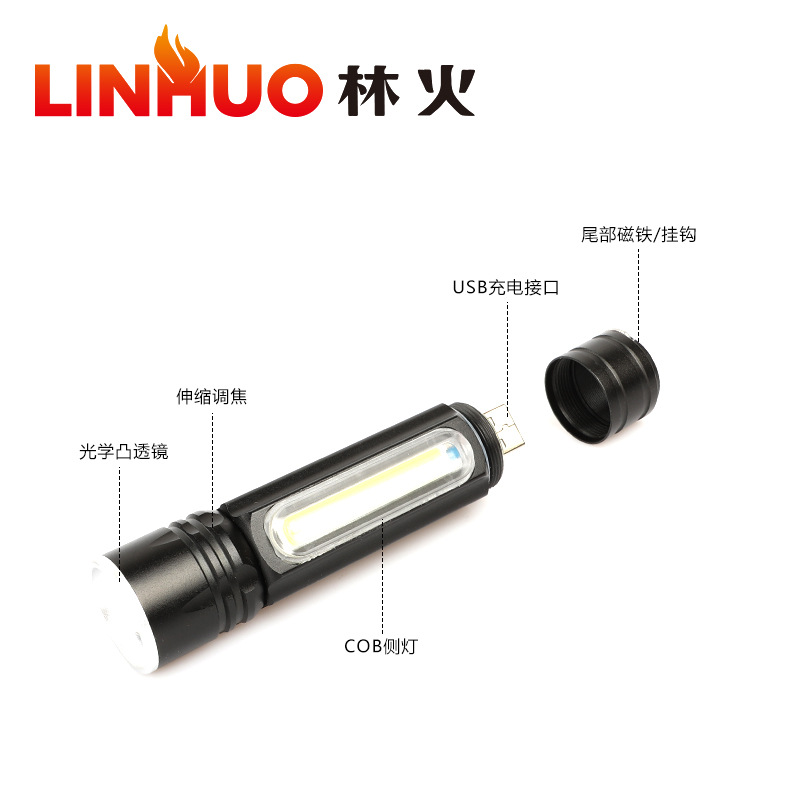 Amazon nuevo T6 fuerte luz linterna COB luz de trabajo telescópica de enfoque incorporado USB recargable iluminación LED