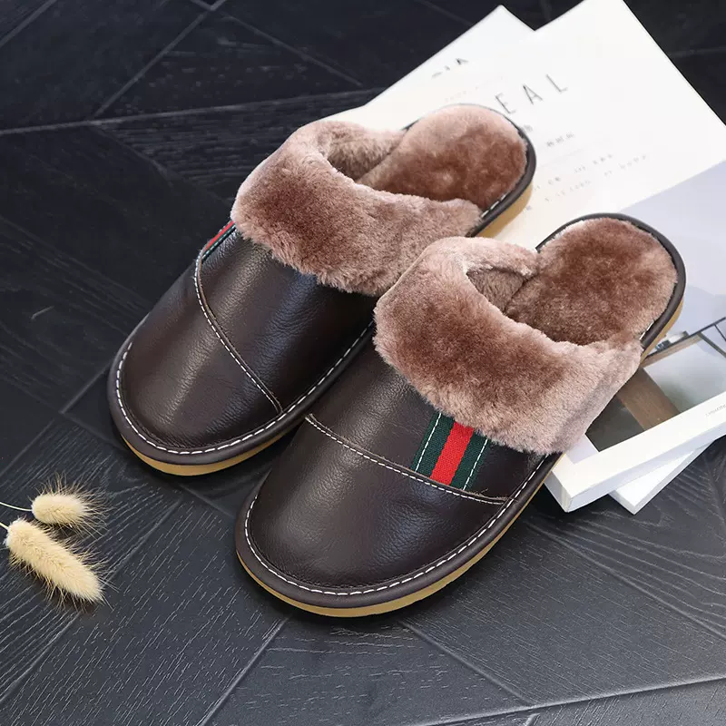 2026秋冬新款牛皮棉拖鞋  男士女士情侣牛筋底加绒保暖地板拖批发