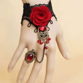 欧美复古蕾丝手链带戒指手环红色玫瑰金属手链 义乌小商品批发
