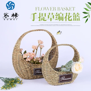 厂家批发草编西瓜提篮多肉绿萝花盆家居装饰手提篮家居办公礼品篮