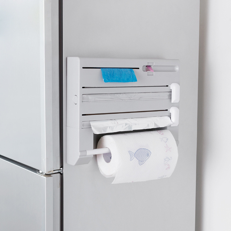 Seis en uno cortador de envoltura de plástico rollo de papel bolsa de basura cinta de papel de estaño estante de almacenamiento de cocina