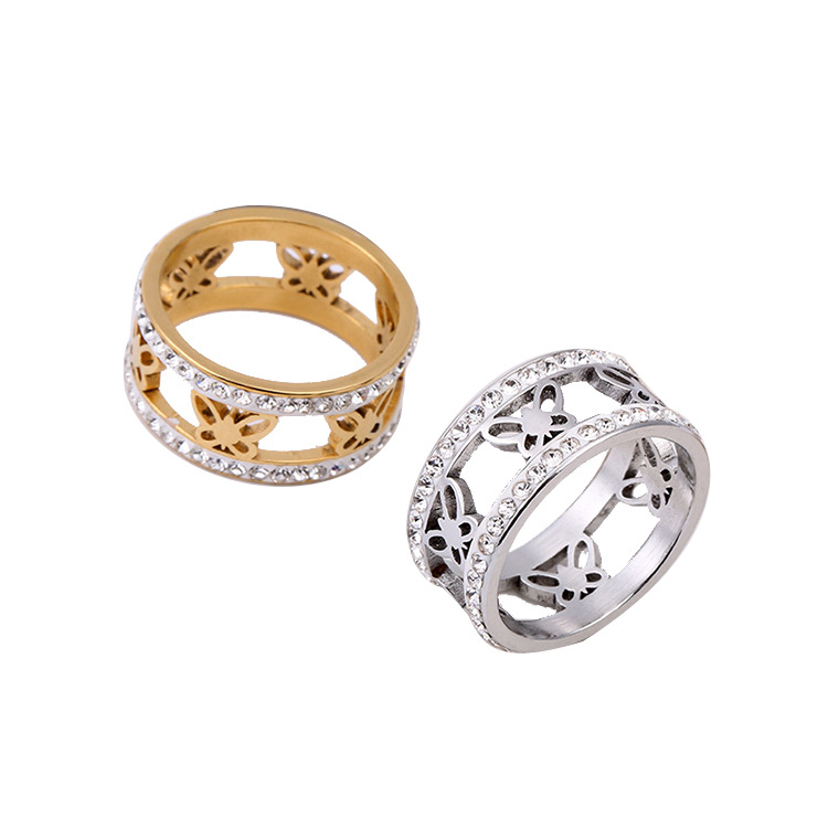 Anillo de Acero Inoxidable con Incrustaciones de Diamantes de Dos Hileras, Estilo Europeo y Americano, Fabricado en Fábrica Transfronteriza