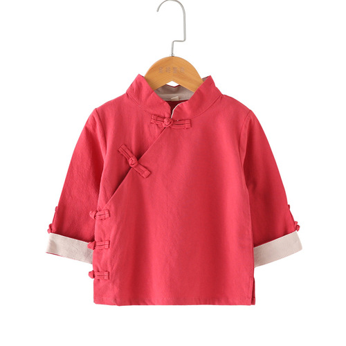 Chinese-style children's clothing: Boys' cotton-linen tops in solid colors with diagonal lapels; Girls' Republic of China-era school uniforms; Baby Tang suits