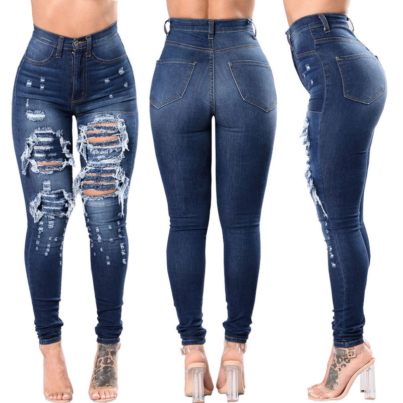 Cross-Border Trade European and American Wish.Com Aliexpress Amazon Ebay Ripped Jeans Skinny Pants for Women