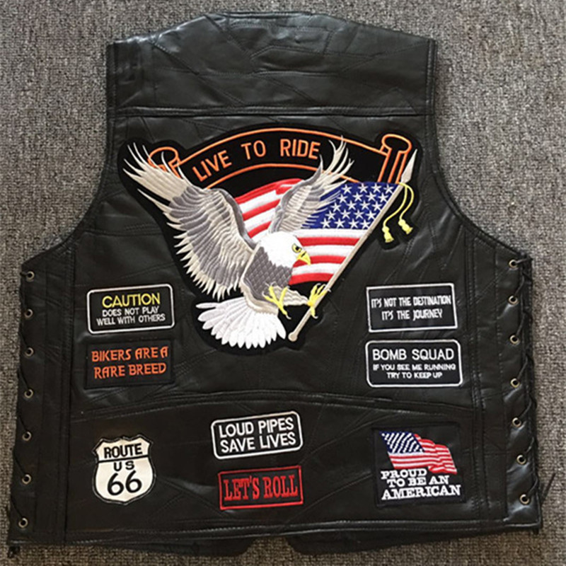 Classic Leather Jacket Men's Motorcycle Vest Leather Vest Patchwork Leather Waistcoat Riding Vest 14 Embroidered Badges