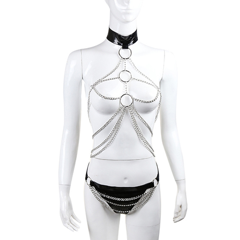 Directamente del fabricante: lencería erótica para DJ, lencería de cuero charol con cadena, ropa sexy con cadena, atuendo para pole dance, body.