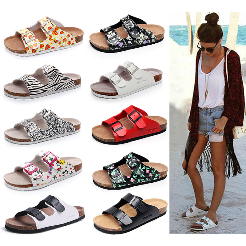 Independent Station Popular Cork Slippers for Outer Wear Cross-Border Large Size Foreign Trade Sandals and Slippers One-Line Double-Button Beach Shoes Boken Shoes