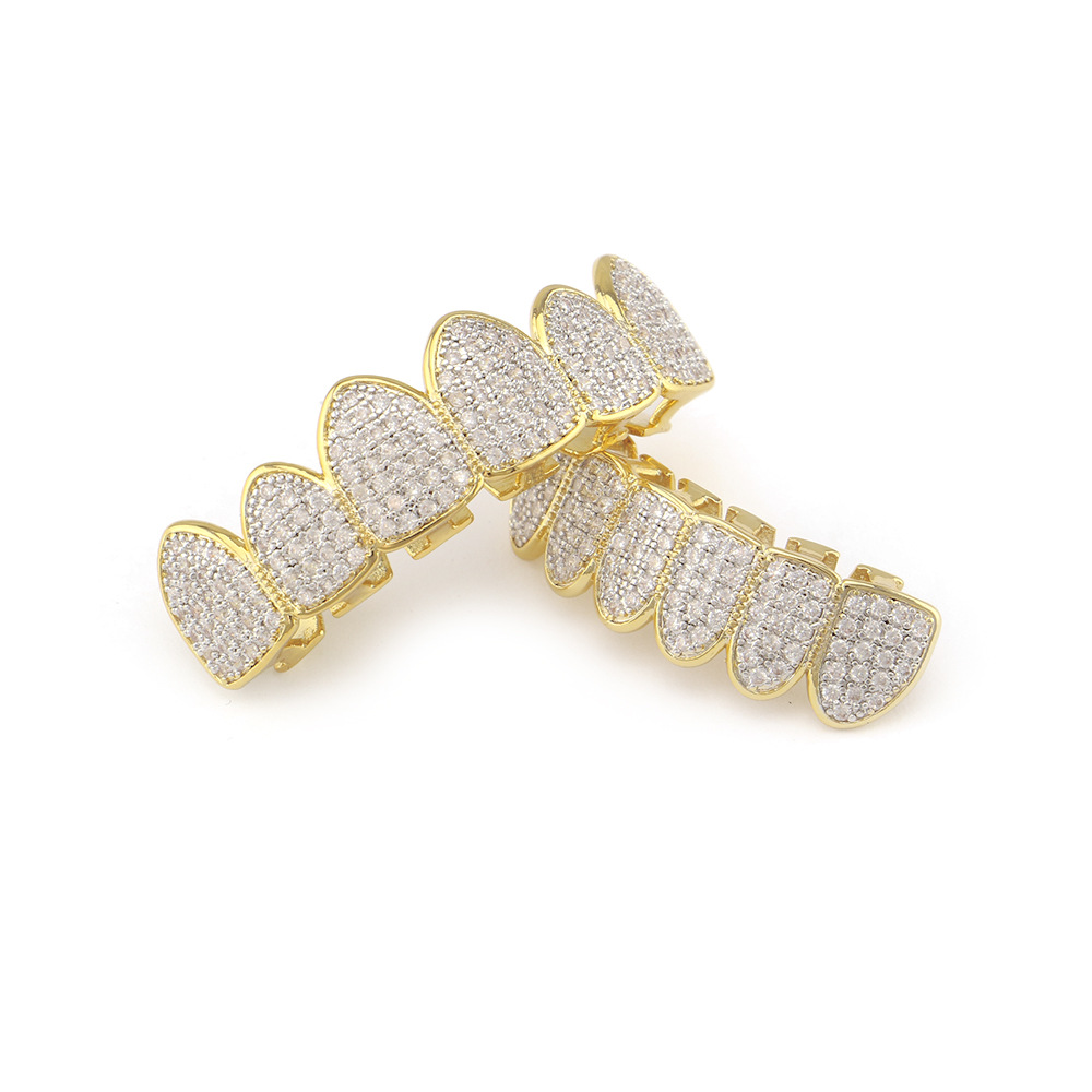 18K chapado en oro 4A micro-con incrustaciones de circón hip hop diamante-incrustado oro tirantes para hombres y mujeres Halloween dientes falsos parrillas